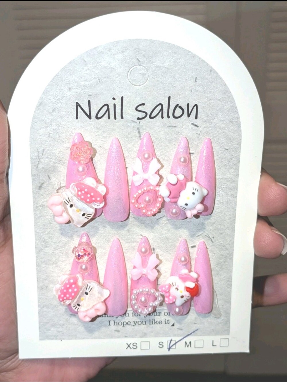 Hand Crafted Pink Glitter Press-On Nails with Cute Charms Sz Small For Women